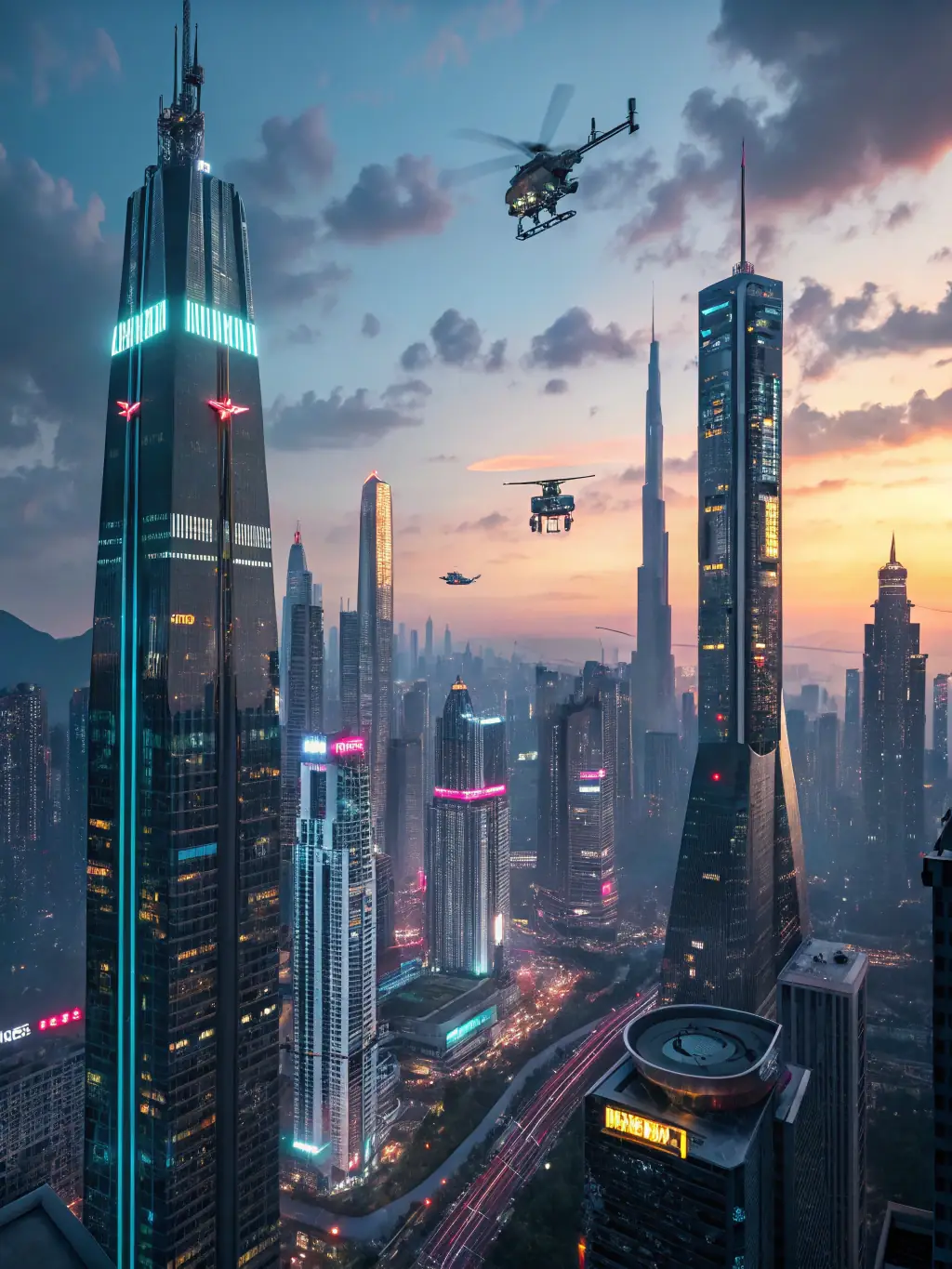 A futuristic cityscape with interconnected nodes representing AI algorithms and data flows, illustrating Savisoft Tech's expertise in artificial intelligence.