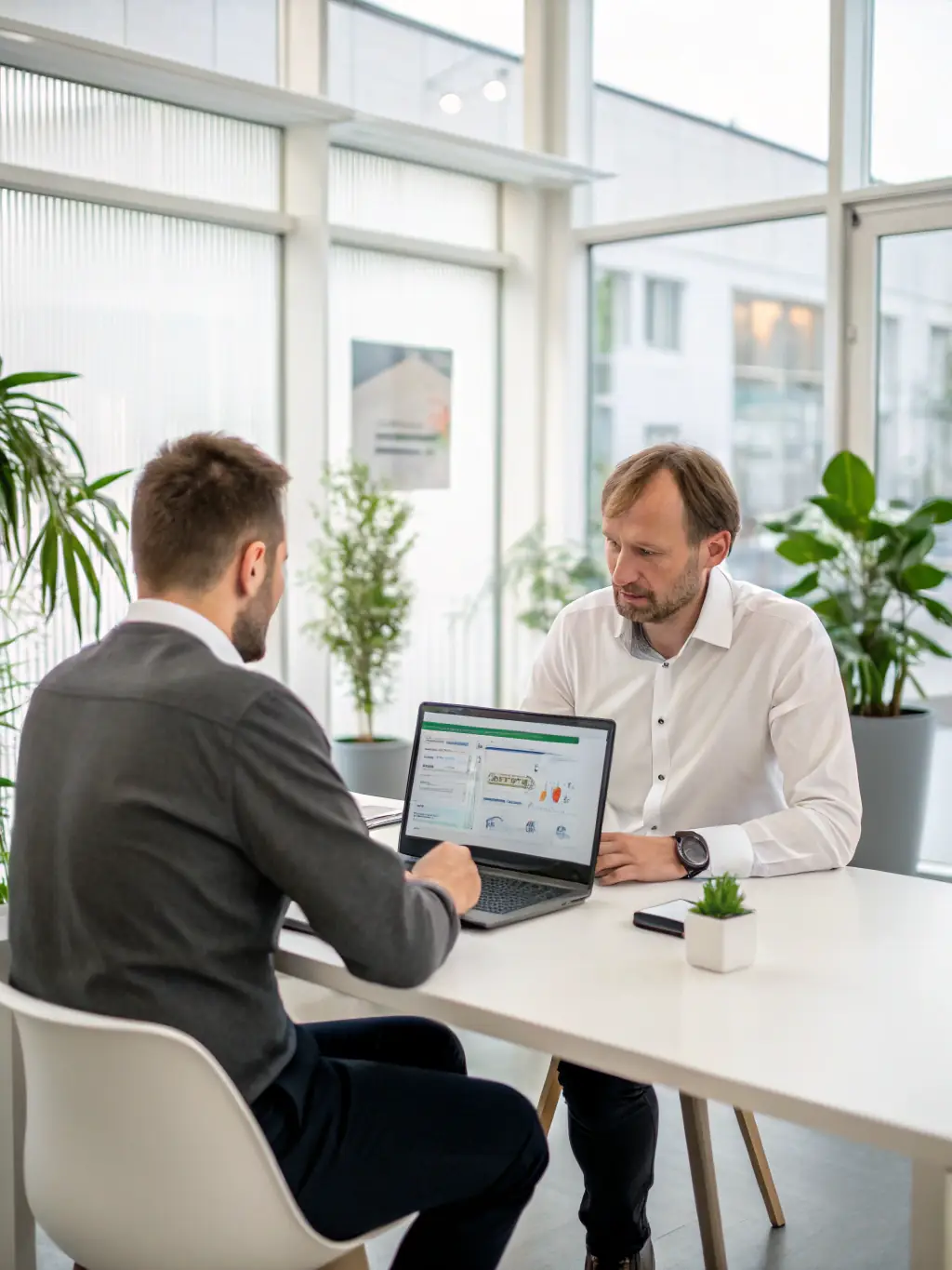 A consultant in a modern office setting, advising a client on IT strategy, representing Savisoft Tech's IT consulting services.