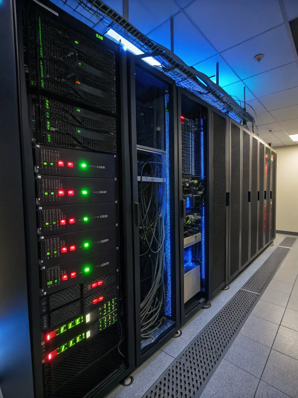 A brightly lit server room filled with blinking lights and neatly arranged racks, symbolizing the robust infrastructure supporting Savisoft Tech's IT services.